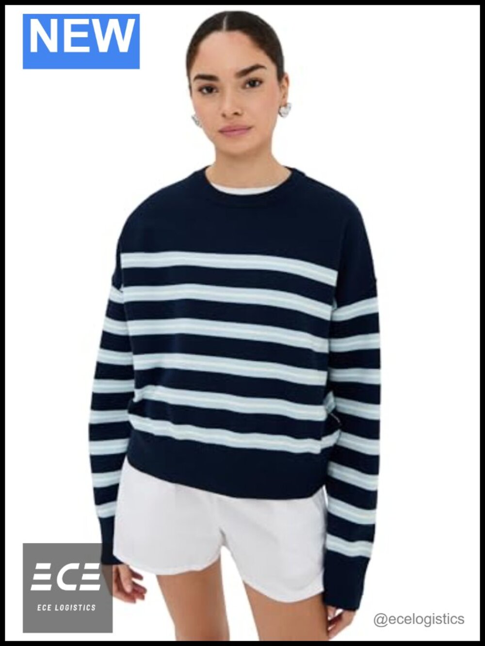 Women's Striped Boxy Pullover Long Sleeve Crew Neck Knit Top